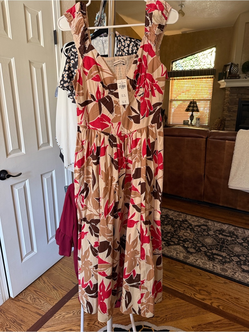 Abercrombie & Fitch Beige Maxi Dress with Red & Brown Floral Accents